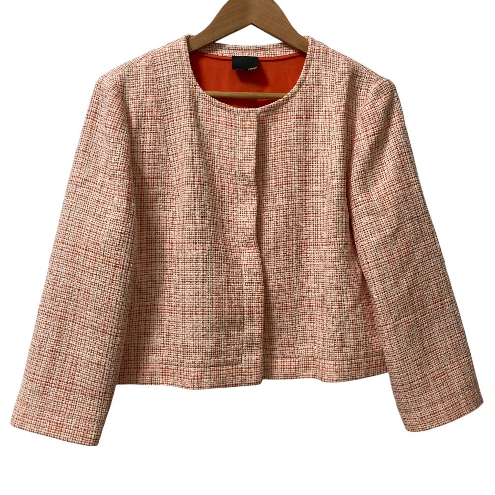 Fendi Tweed Collarless Jacket White Orange Stand Collar Spring Summer Fall 48