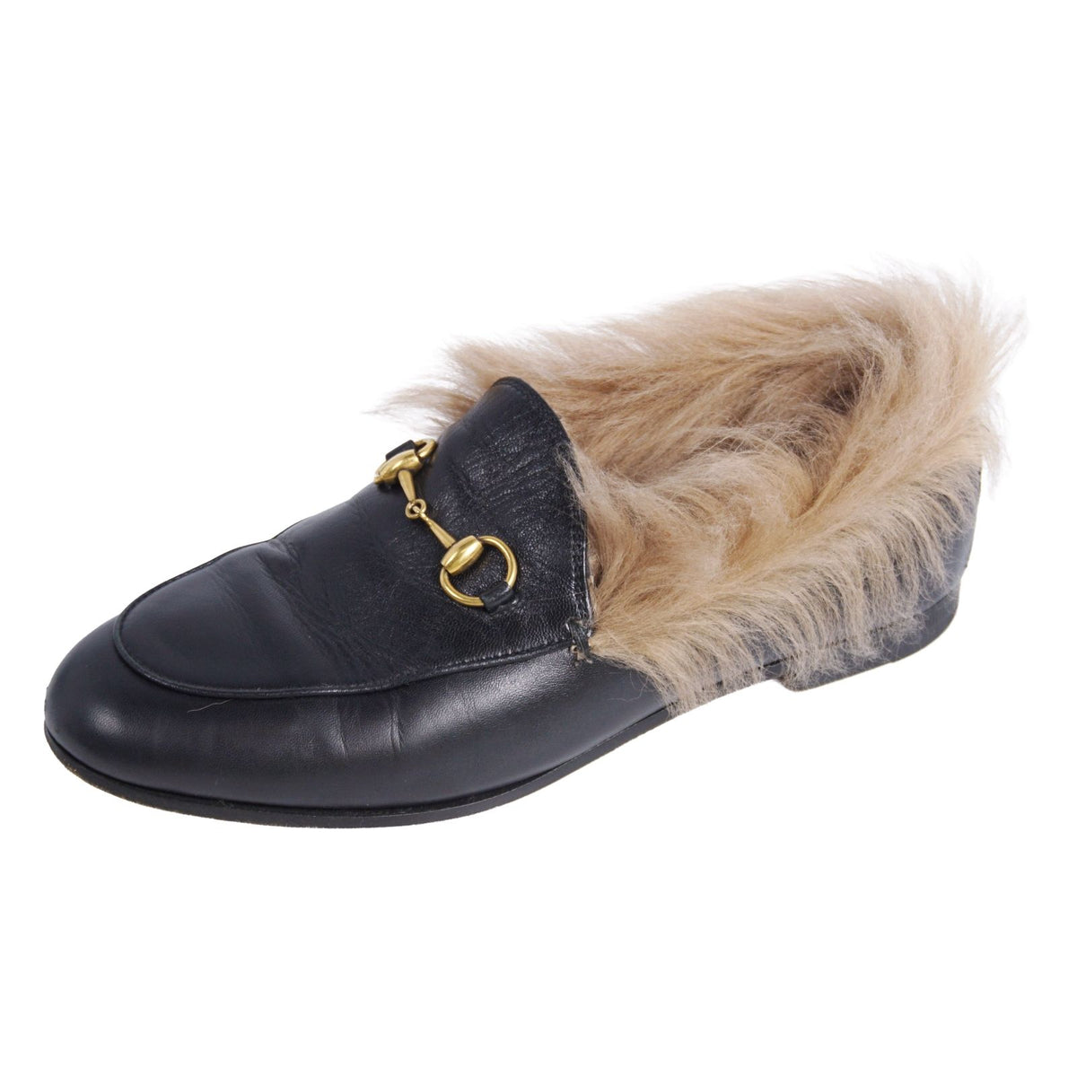 Gucci Loafers Moccasins Horsebit Fur Shoes Leather Black