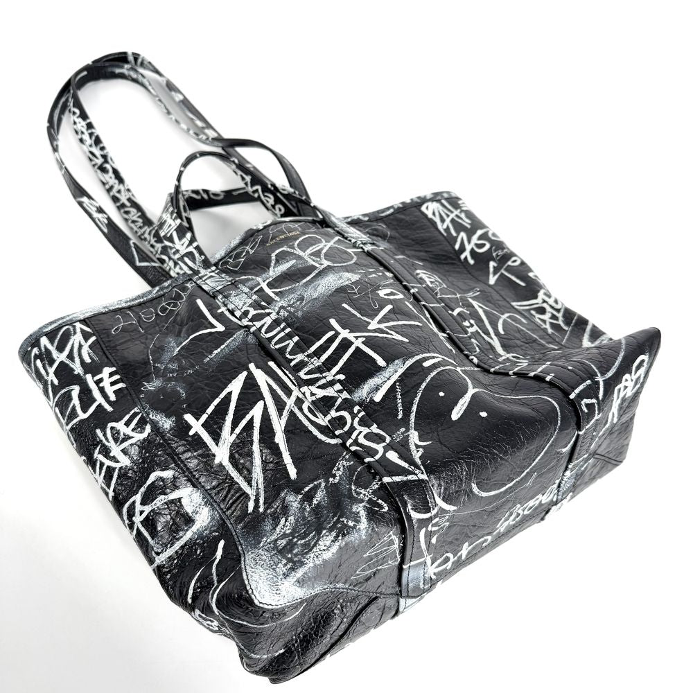 Balenciaga 2-Way Barbes Graffiti Tote Bag Shoulder Crossbody Leather Black White — view 3