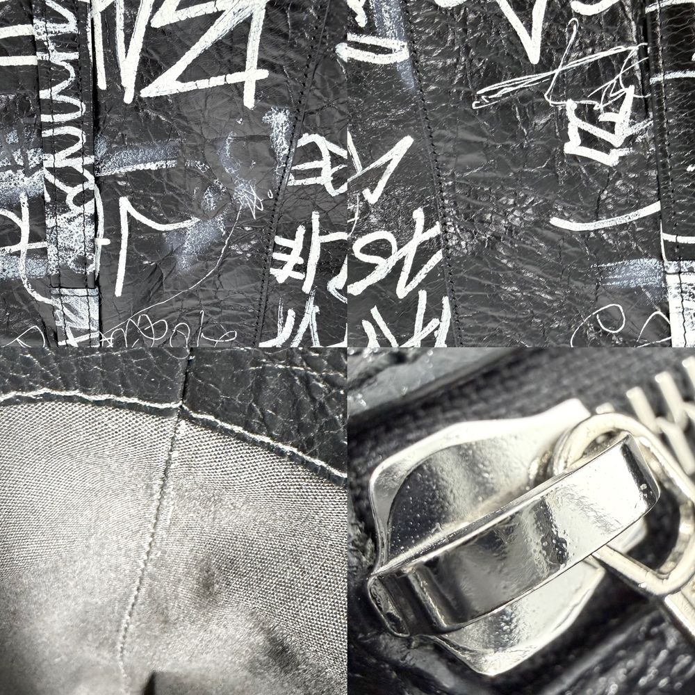 Balenciaga 2-Way Barbes Graffiti Tote Bag Shoulder Crossbody Leather Black White — view 6