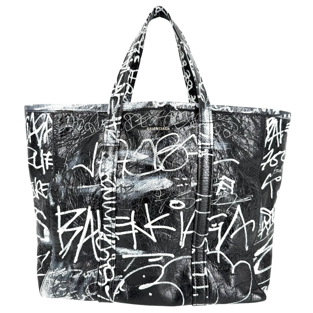 Balenciaga 2-Way Barbes Graffiti Tote Bag Shoulder Crossbody Leather Black White