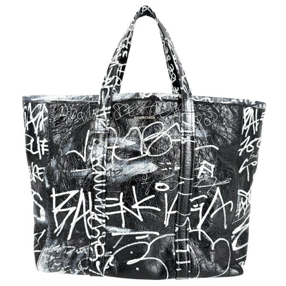 Balenciaga 2-Way Barbes Graffiti Tote Bag Shoulder Crossbody Leather Black White