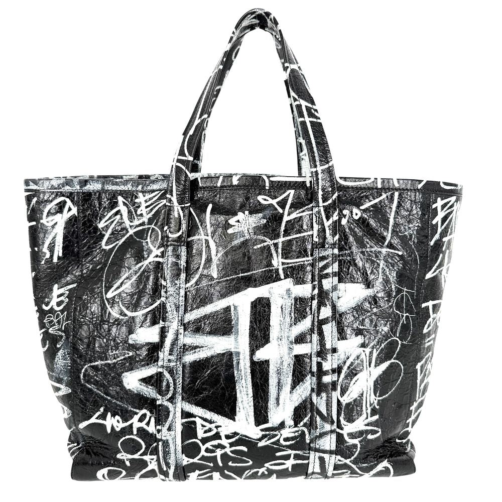 Balenciaga 2-Way Barbes Graffiti Tote Bag Shoulder Crossbody Leather Black White — view 2
