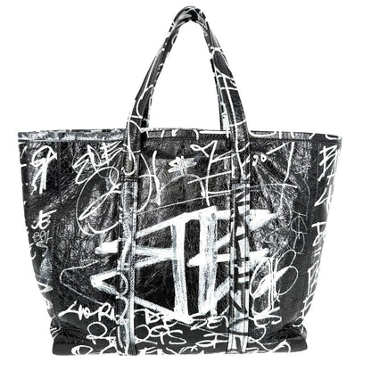 Balenciaga 2-Way Barbes Graffiti Tote Bag Shoulder Crossbody Leather Black White — view 2