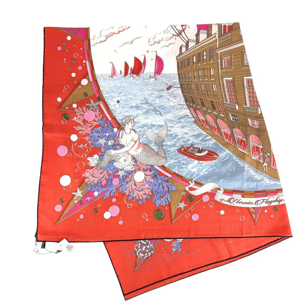 Hermes Scarf Carre 140 Flagship Geant Items Cashmere Silk Red White — view 2