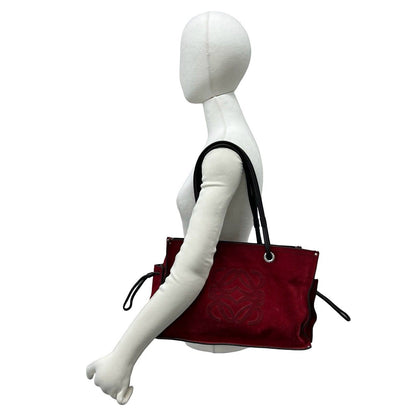 Loewe Logo Stitch Suede Leather Tote Shoulder Bag Red — view 2