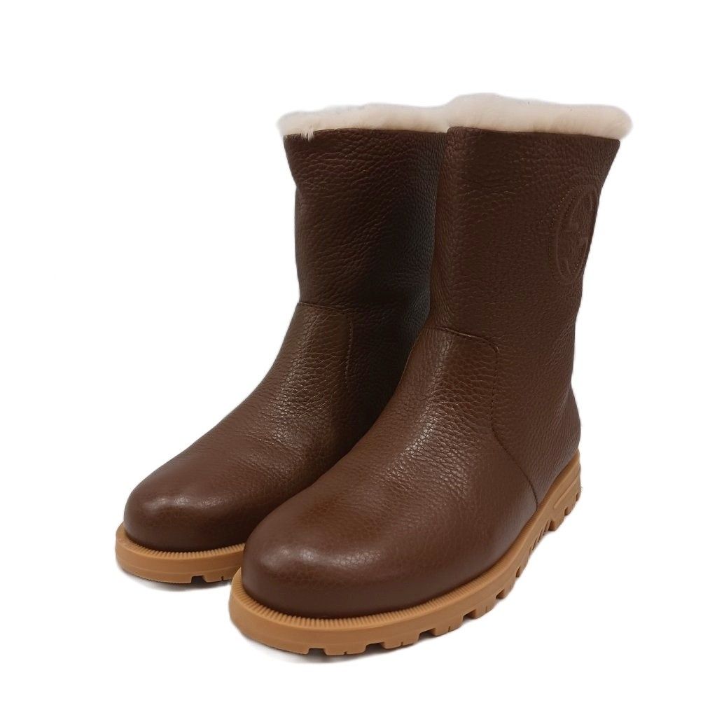 Gucci Interlocking G Shearling Boots Short Leather Fur Brown — view 2
