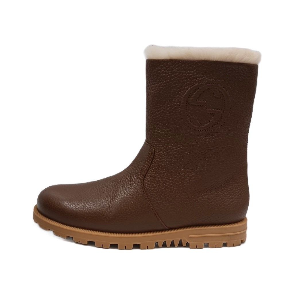 Gucci Interlocking G Shearling Boots Short Leather Fur Brown