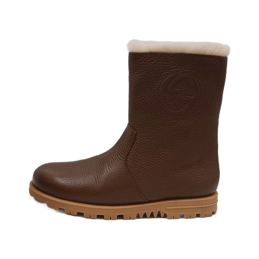 Gucci Interlocking G Shearling Boots Short Leather Fur Brown