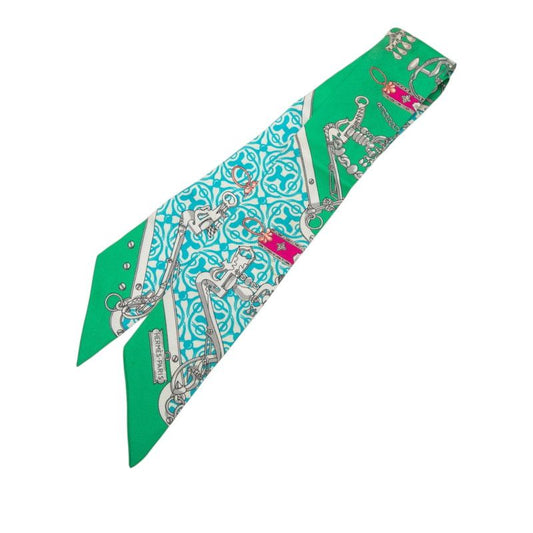 Hermes Twilly Equestrian and Chains Mors Et Gourmettes Remix Scarf Green