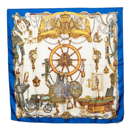Hermes Carre 90 Museum Musee Scarf Blue Ivory Silk