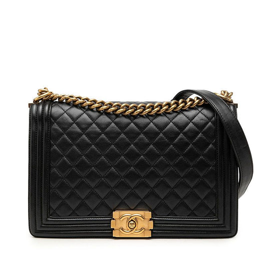Chanel CC Logo Boy 28 Chain Shoulder Bag Black Gold Lambskin