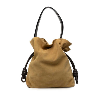 Loewe Anagram Flamenco Tote Shoulder Bag Drawstring Beige Brown Suede