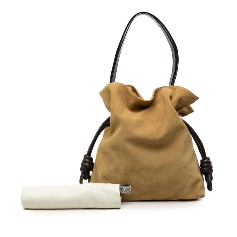 Loewe Anagram Flamenco Tote Shoulder Bag Drawstring Beige Brown Suede — view 6