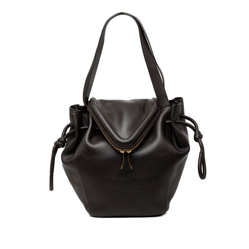 Bottega Veneta Beak Tote Shoulder Bag Drawstring Dark Brown Leather