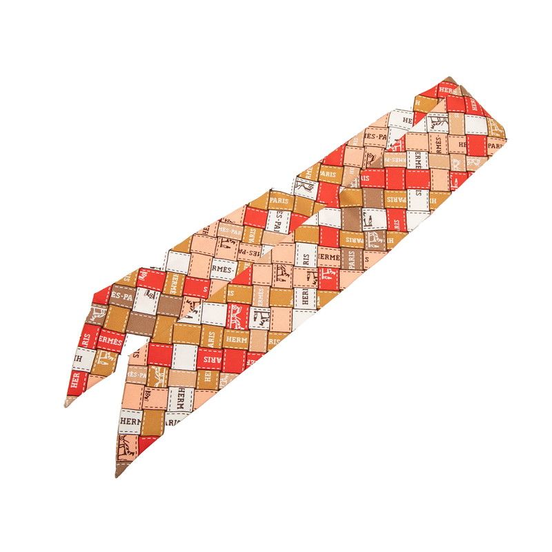 Hermes Twilly Bolduc Check Au Carre Scarf Red Multicolor Silk