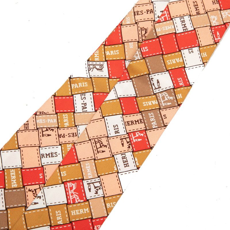 Hermes Twilly Bolduc Check Au Carre Scarf Red Multicolor Silk — view 2