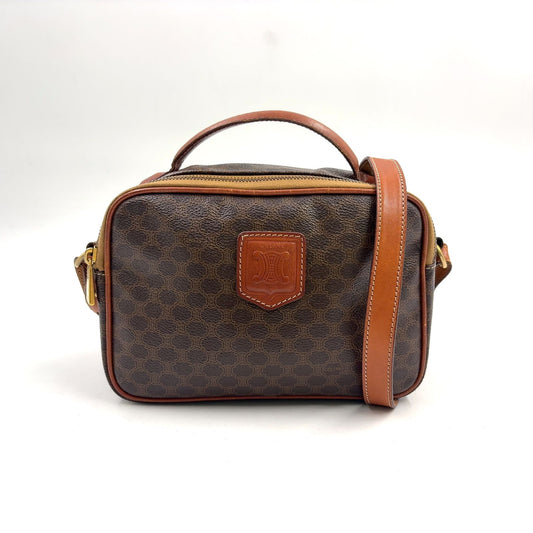 Celine Macadam Pattern Leather Brown Shoulder Bag Gold