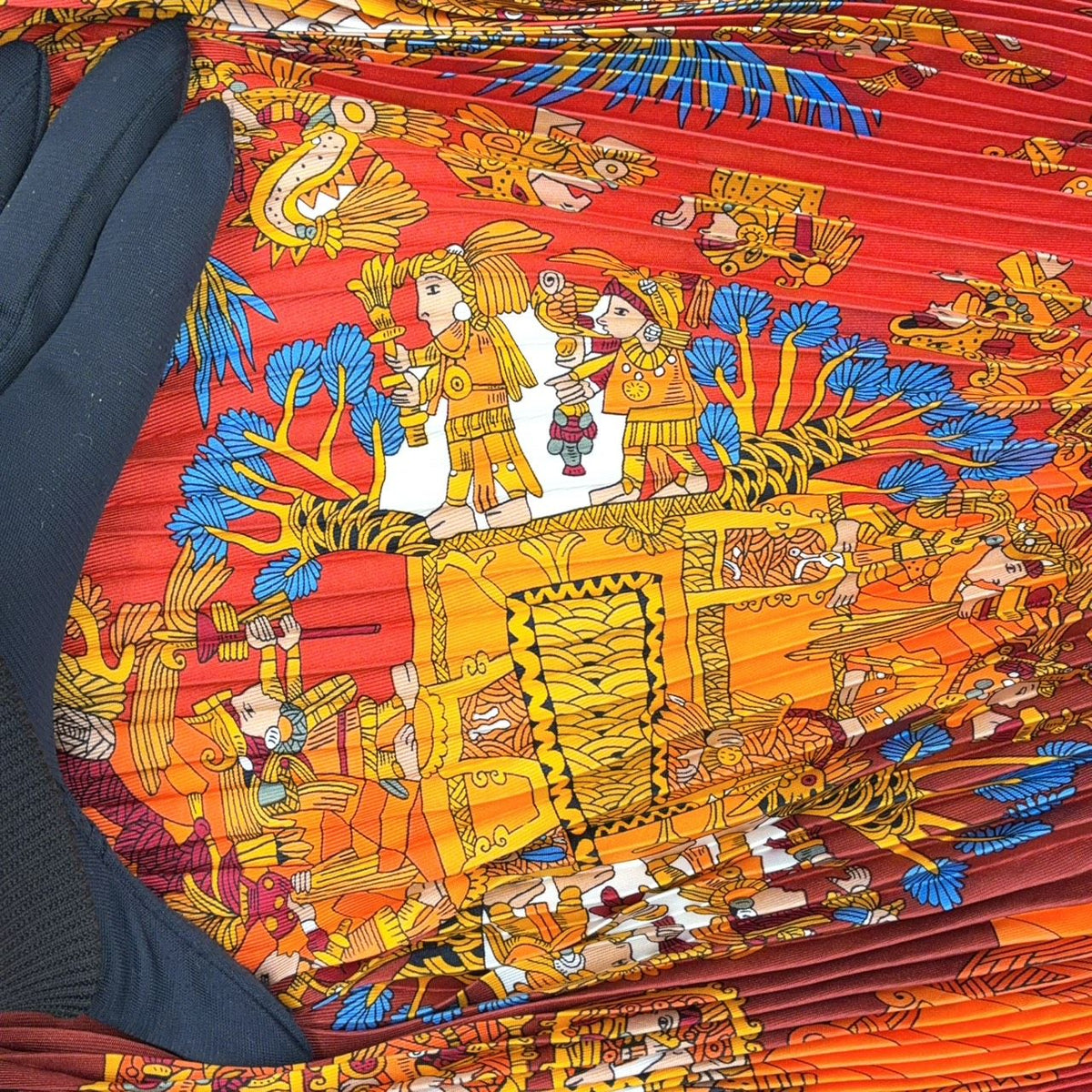 Hermes Yellow Golden Knight Pleated Carre 90 Silk Orange Scarf — view 5
