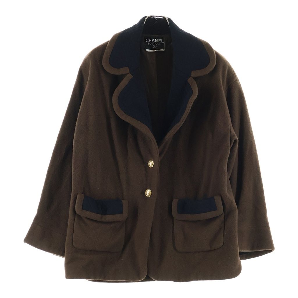 Chanel 90S Vintage Wool Half Coat CC Logo Gold Button Brown