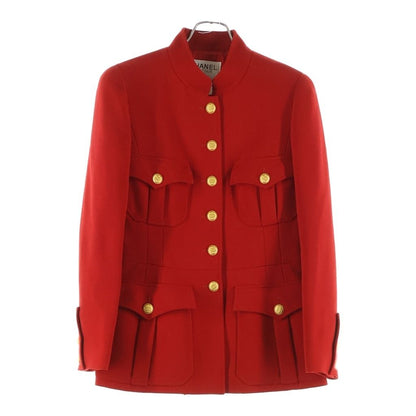 Chanel Vintage 4 Pocket CC Jacket Stand Collar CC Logo Gold Button Red