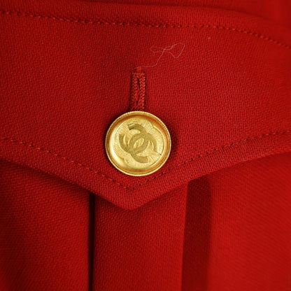Chanel Vintage 4 Pocket CC Jacket Stand Collar CC Logo Gold Button Red — view 6