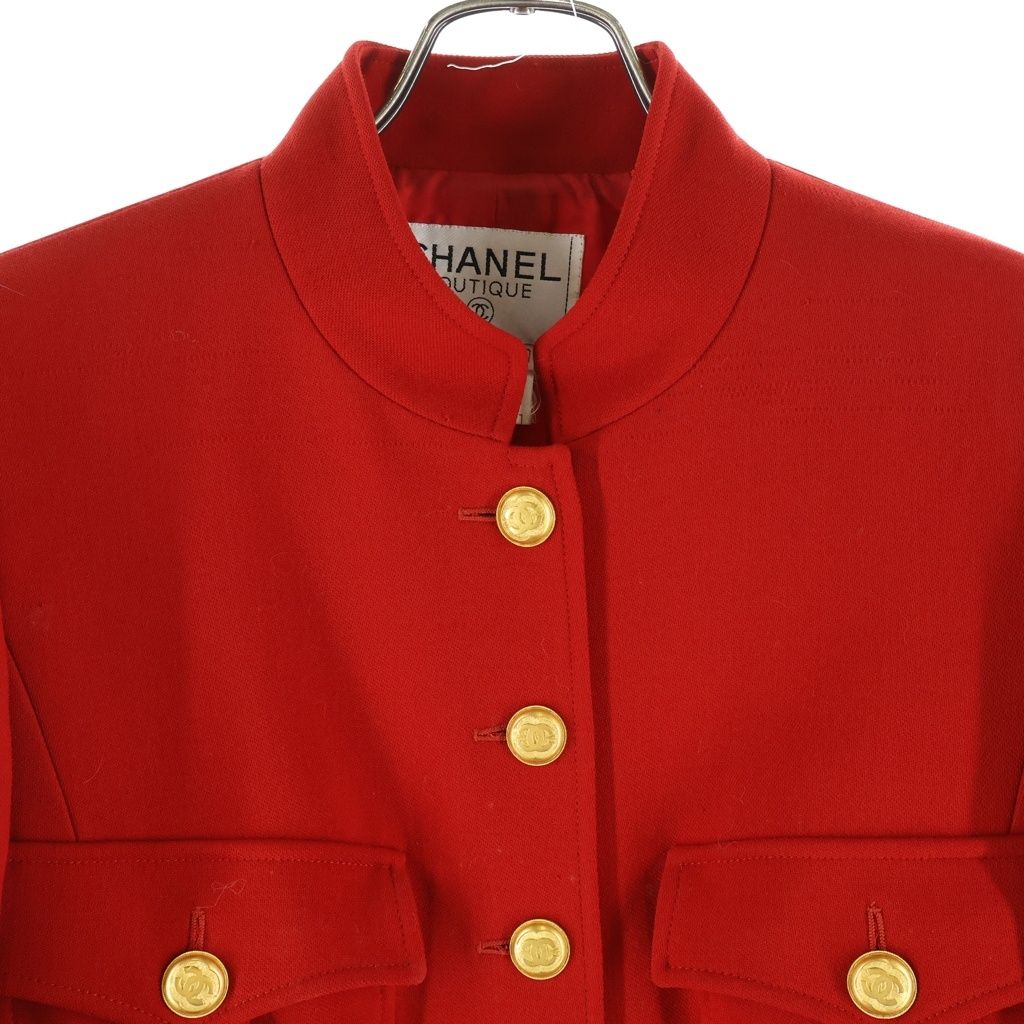 Chanel Vintage 4 Pocket CC Jacket Stand Collar CC Logo Gold Button Red — view 3