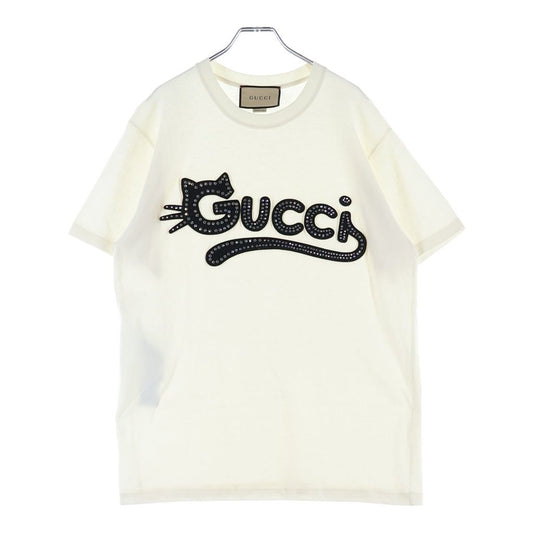 Gucci Cat Logo Short Sleeve Tee T-Shirt Cotton Rhinestone White