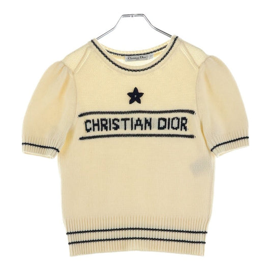 Dior Logo Embroidery Short Sleeve Cashmere Knit Sweater Ivory