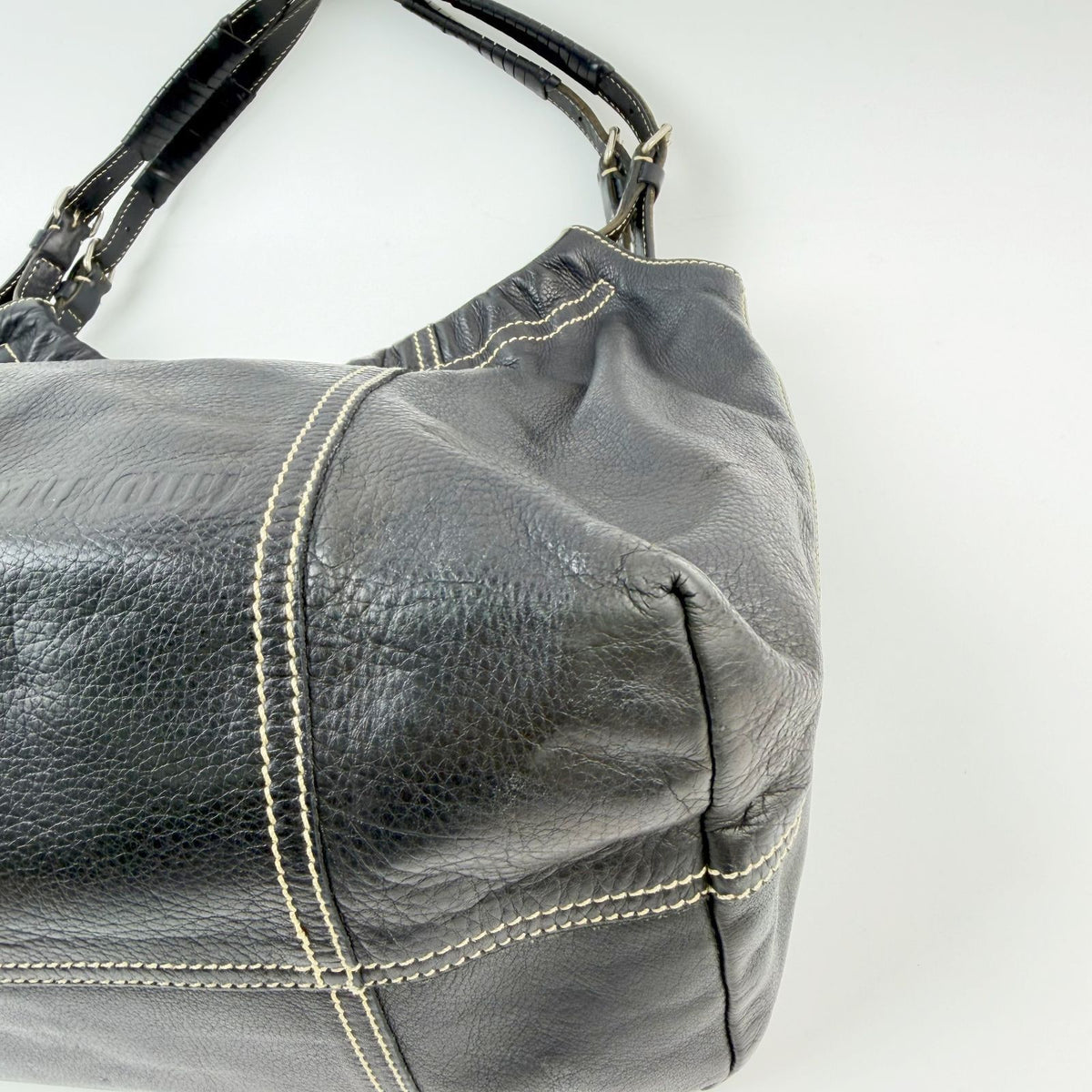 Miu Miu Gathered Contrast Stitch Tote Shoulder Bag Leather Black Silver Vintage — view 7