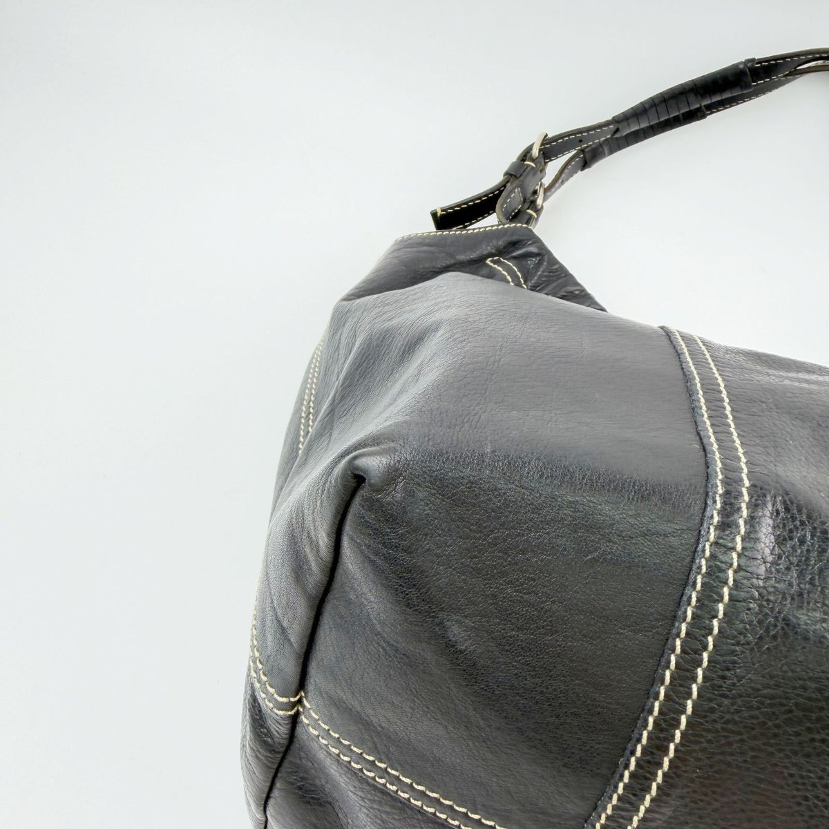 Miu Miu Gathered Contrast Stitch Tote Shoulder Bag Leather Black Silver Vintage — view 6