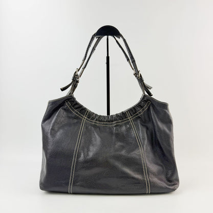 Miu Miu Gathered Contrast Stitch Tote Shoulder Bag Leather Black Silver Vintage