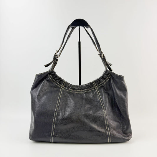 Miu Miu Gathered Contrast Stitch Tote Shoulder Bag Leather Black Silver Vintage