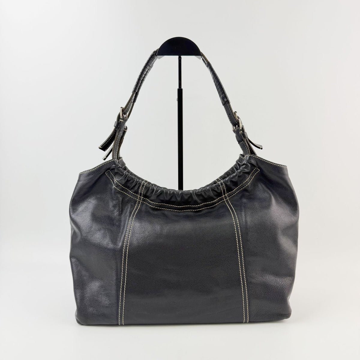 Miu Miu Gathered Contrast Stitch Tote Shoulder Bag Leather Black Silver Vintage — view 2