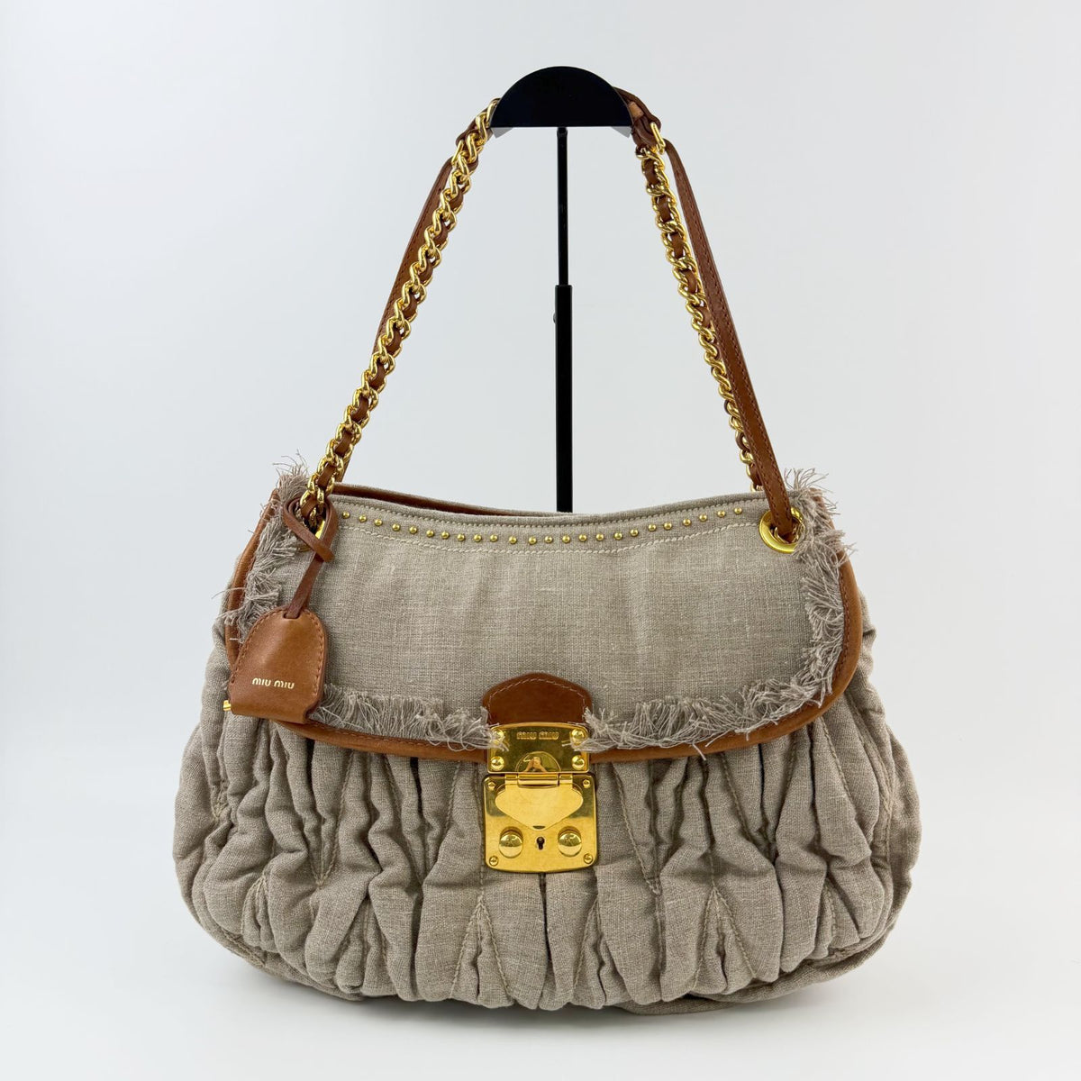 Miu Miu Matelasse Fringe Chain Shoulder Bag Canvas Leather Beige Brown Gold — view 2