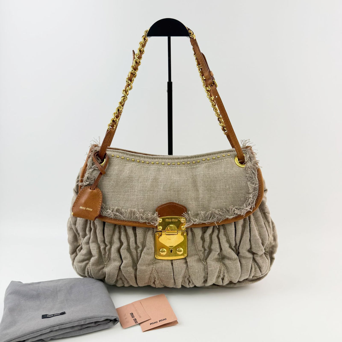 Miu Miu Matelasse Fringe Chain Shoulder Bag Canvas Leather Beige Brown Gold