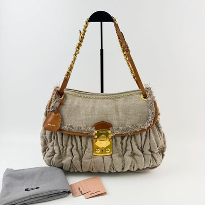 Miu Miu Matelasse Fringe Chain Shoulder Bag Canvas Leather Beige Brown Gold
