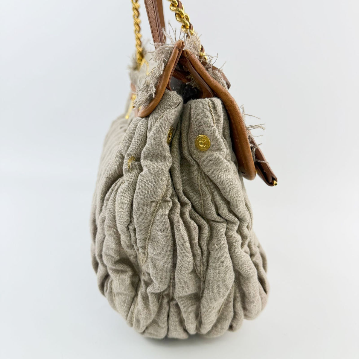 Miu Miu Matelasse Fringe Chain Shoulder Bag Canvas Leather Beige Brown Gold — view 4