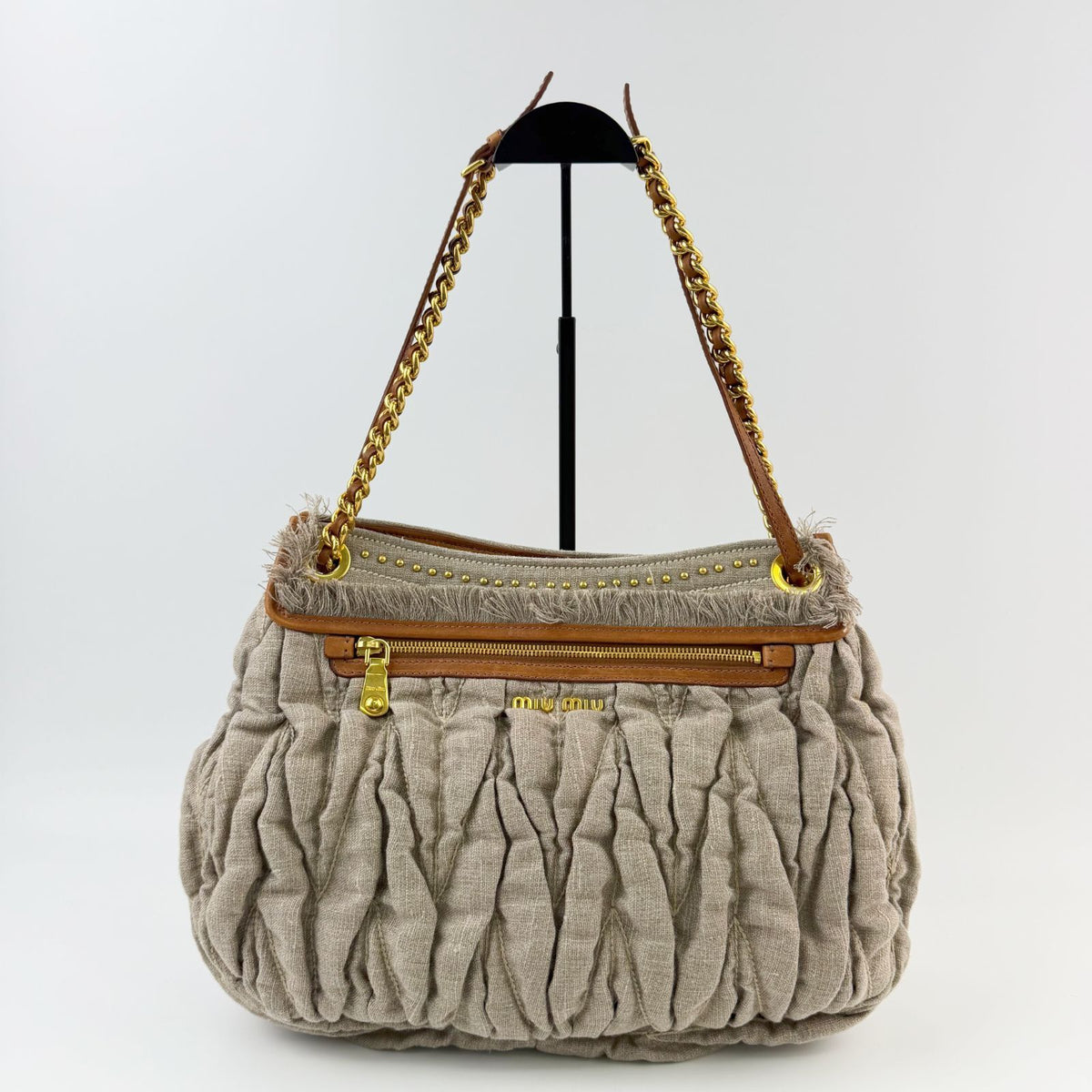 Miu Miu Matelasse Fringe Chain Shoulder Bag Canvas Leather Beige Brown Gold — view 3