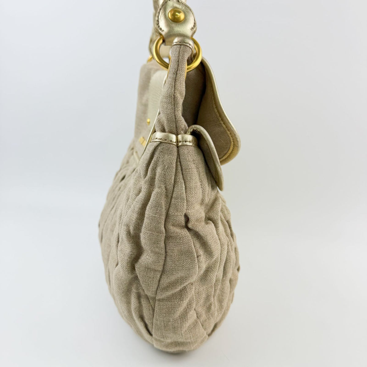 Miu Miu Coffer Matelasse 2-Way Shoulder Bag Linen Leather Beige Gold Vintage — view 4