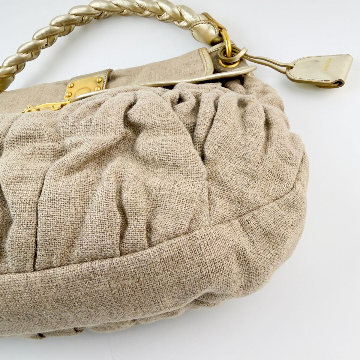 Miu Miu Coffer Matelasse 2-Way Shoulder Bag Linen Leather Beige Gold Vintage — view 8