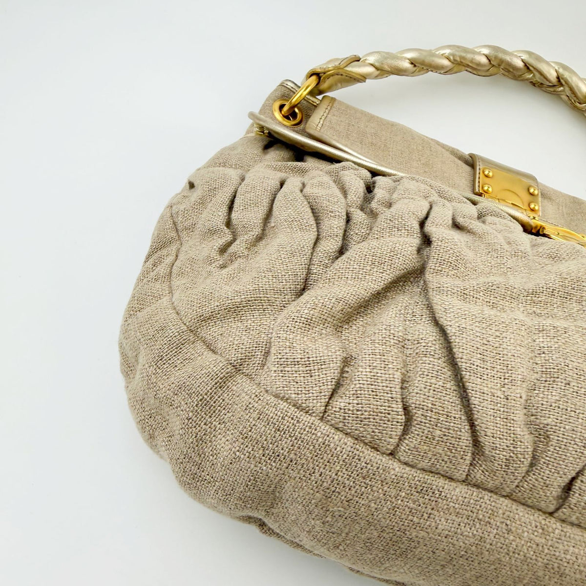Miu Miu Coffer Matelasse 2-Way Shoulder Bag Linen Leather Beige Gold Vintage — view 7