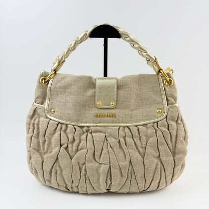 Miu Miu Coffer Matelasse 2-Way Shoulder Bag Linen Leather Beige Gold Vintage — view 2