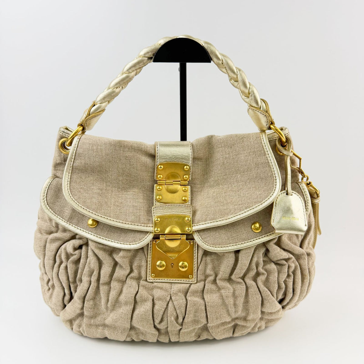 Miu Miu Coffer Matelasse 2-Way Shoulder Bag Linen Leather Beige Gold Vintage — view 3