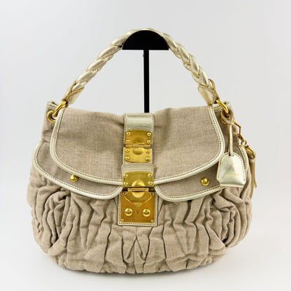 Miu Miu Coffer Matelasse 2-Way Shoulder Bag Linen Leather Beige Gold Vintage — view 3