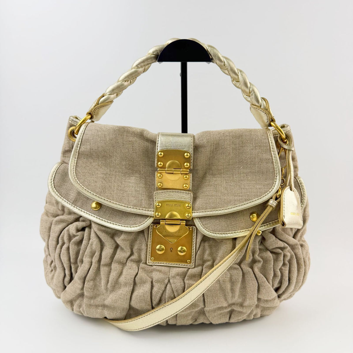 Miu Miu Coffer Matelasse 2-Way Shoulder Bag Linen Leather Beige Gold Vintage