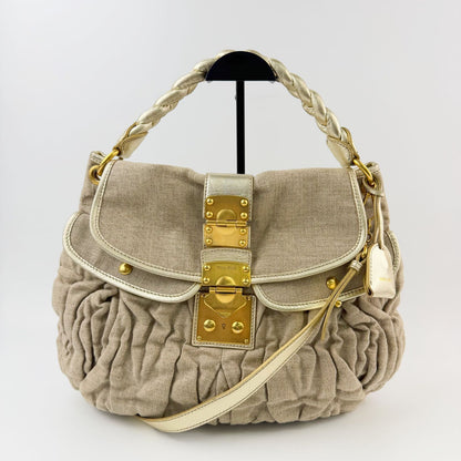 Miu Miu Coffer Matelasse 2-Way Shoulder Bag Linen Leather Beige Gold Vintage