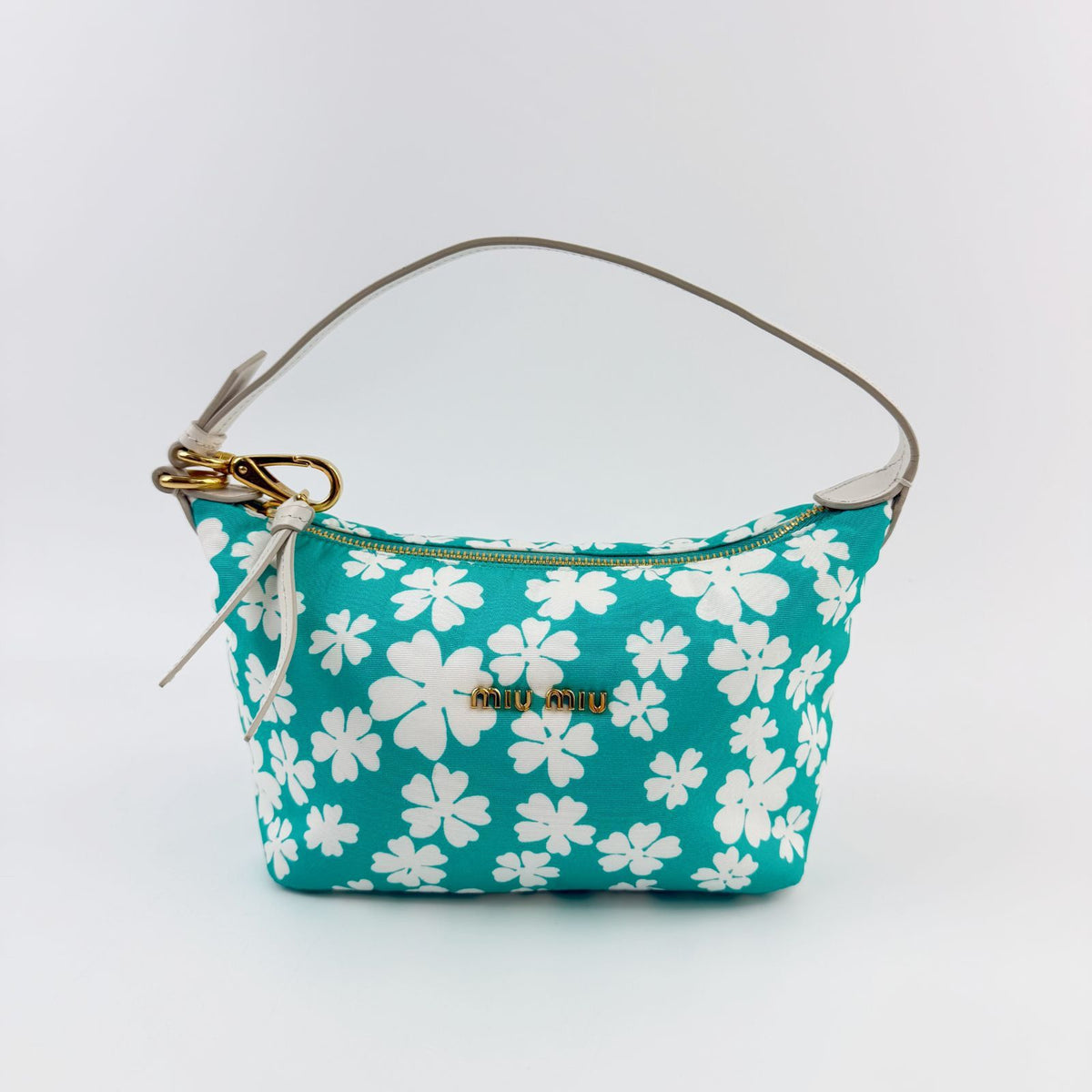 Miu Miu Spirit Floral Re-Nylon Handbag Pouch Nylon Leather Green White Gold — view 2