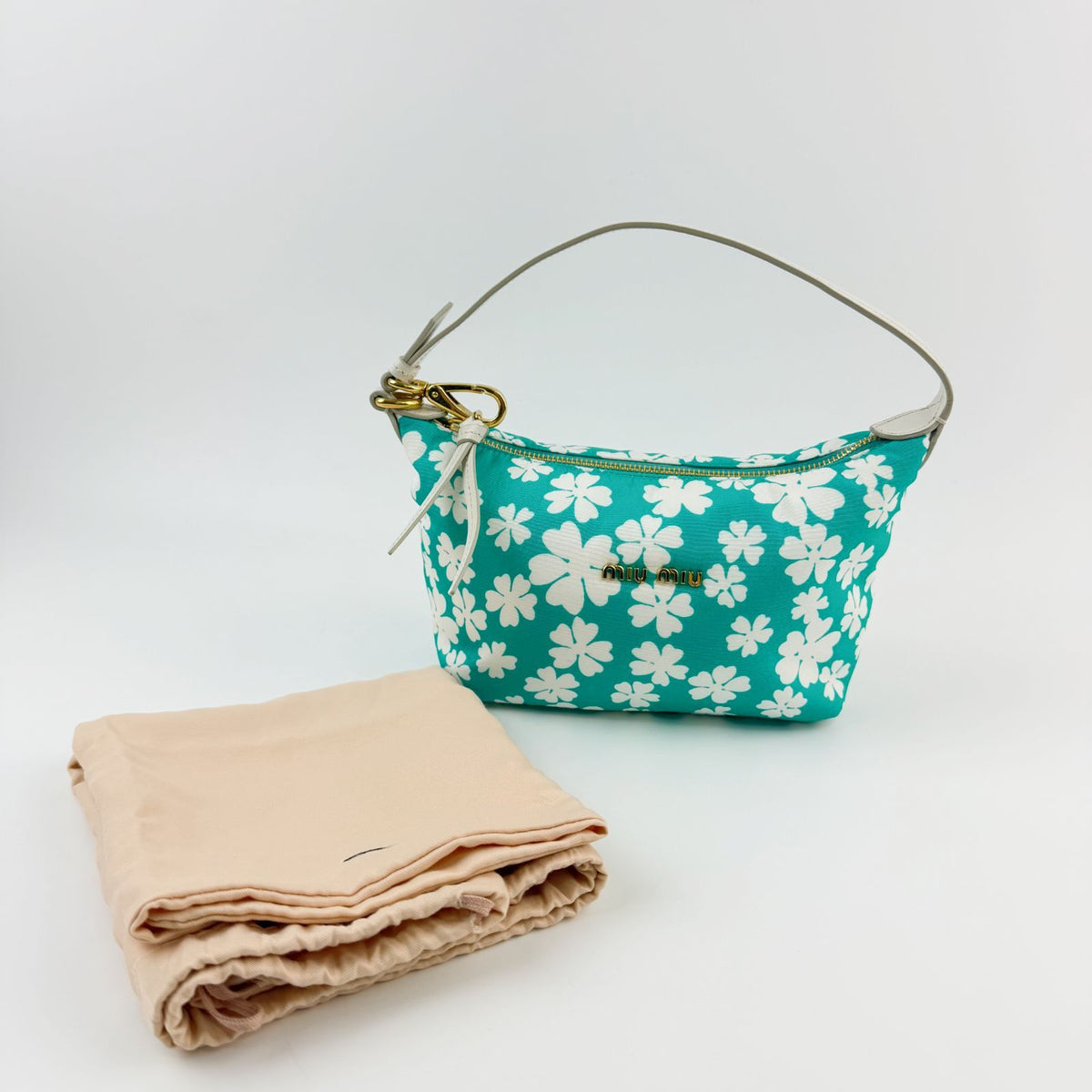 Miu Miu Spirit Floral Re-Nylon Handbag Pouch Nylon Leather Green White Gold