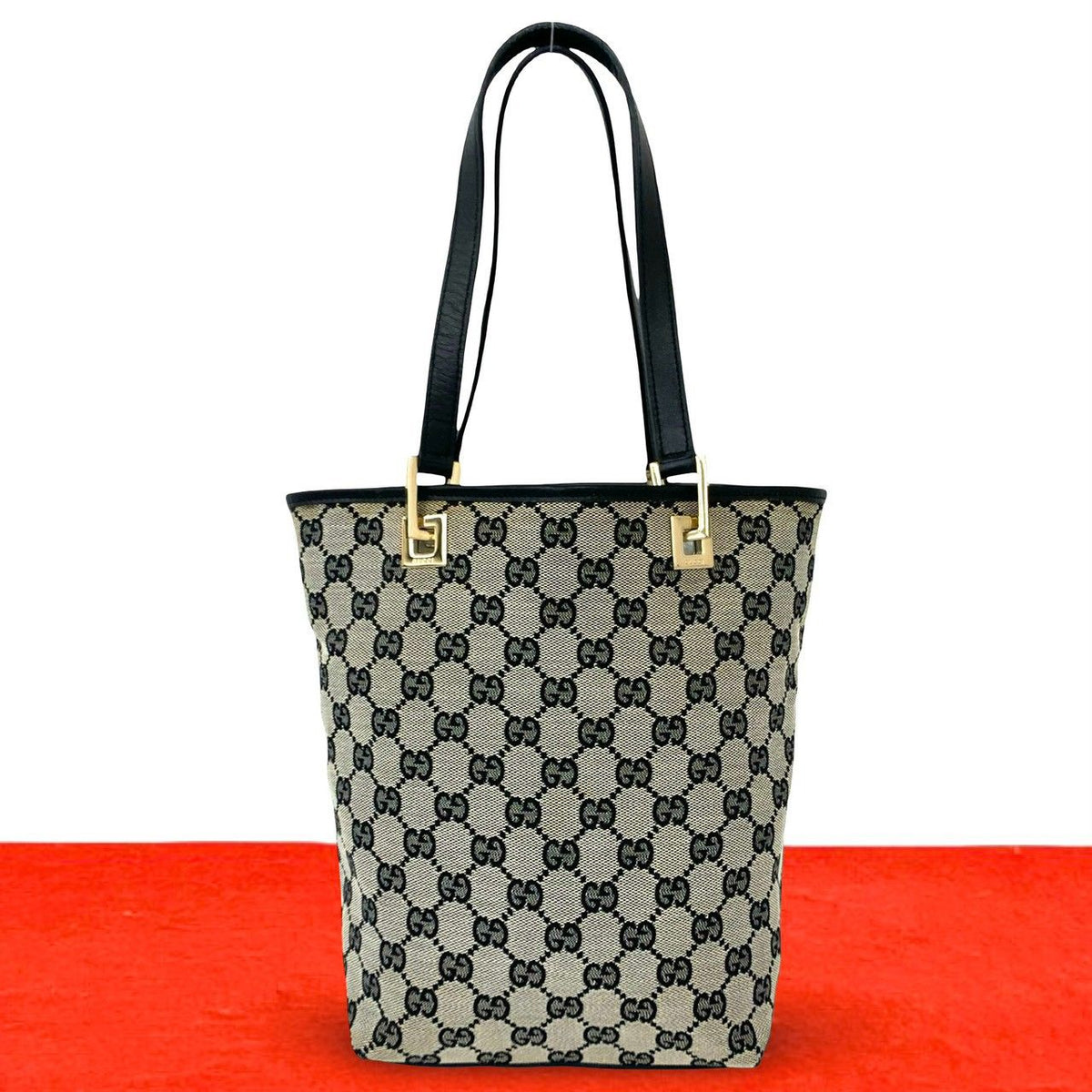 Gucci GG Logo Pattern Canvas Leather Handbag Mini Tote Black